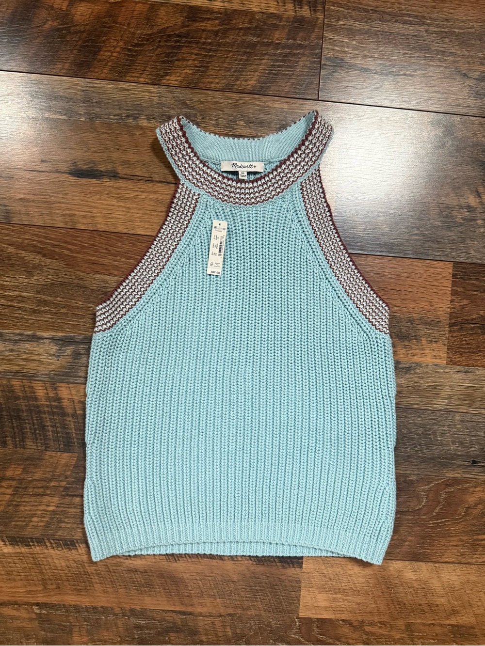 Madewell Blue Ribbed Knit Tank with Brown Trim